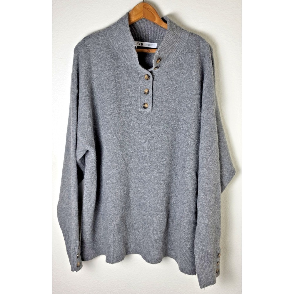 Zara Mens Sz XL 8% Wool Henley Sweater Heather Gray Warm Mock-Neck Button Detail